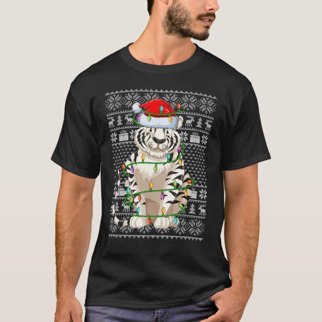 Ugly Sweater Style Xmas Lights Santa White Tiger C T Shirt (Framsida)