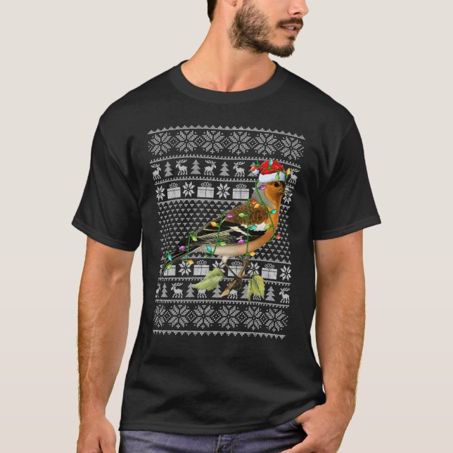 Ugly Sweater Style Xmas Lights Santa Wren Bird Chr T Shirt (Framsida)