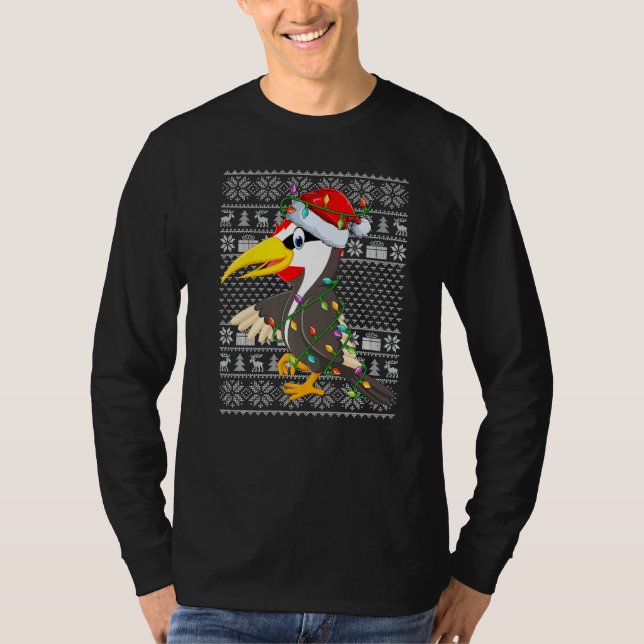 Ugly Sweater Style Xmas Lights Woodpecker Bird Chr T Shirt (Framsida)