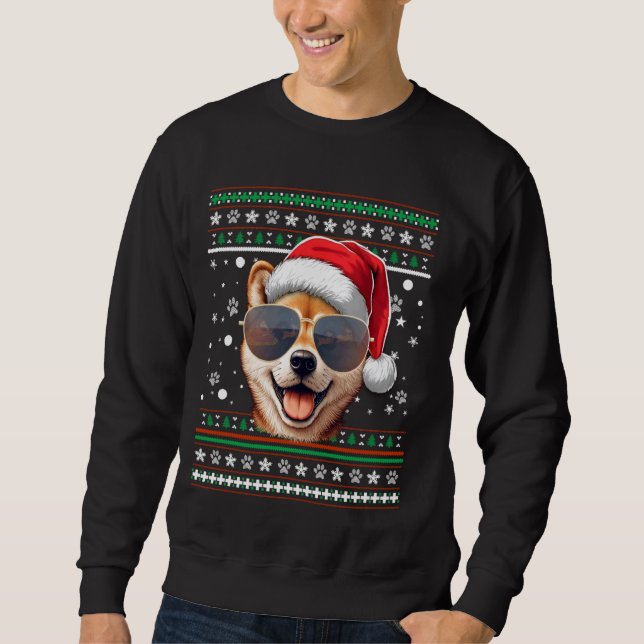 Ugly Sweater X-mas Santa Shiba Inu Hund jul Lång Ärmad Tröja (Framsida)