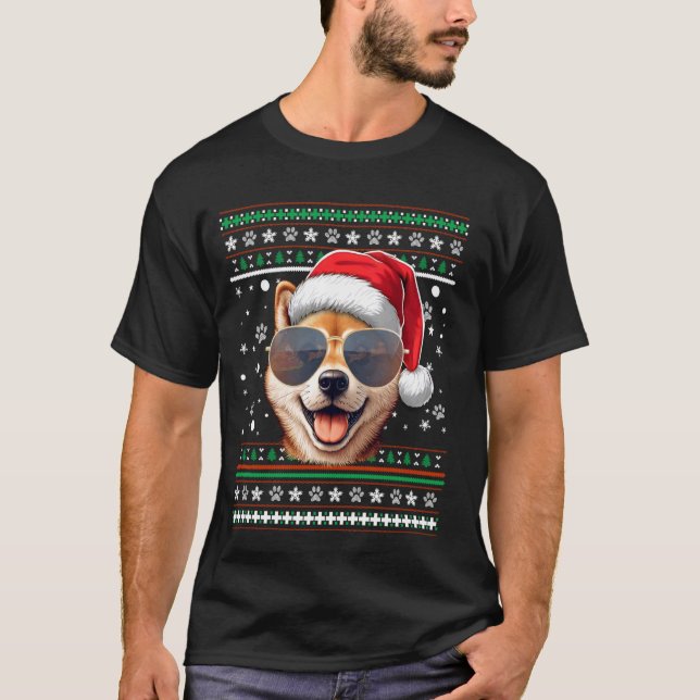 Ugly Sweater X-mas Santa Shiba Inu Hund jul T Shirt (Framsida)