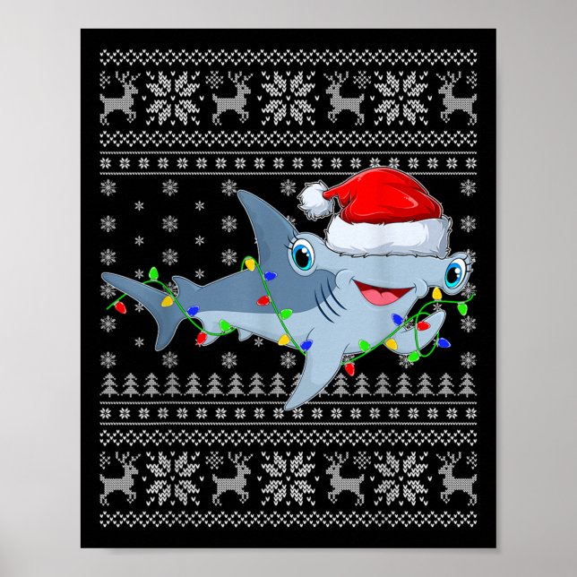 Ugly Sweater Xmas Lights Santa Hammerhead Shark Ch Poster (Framsidan)