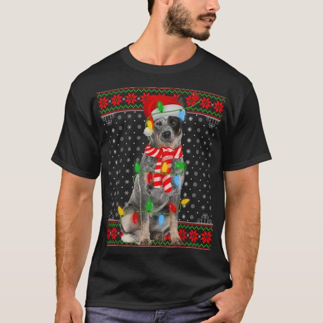 Ugly Xmas Dog Lights Santa Hat Blue Heeler Dog Chr T Shirt (Framsida)