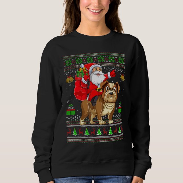 Ugly Xmas Santa Riding Bulldog Christmas T Shirt (Framsida)