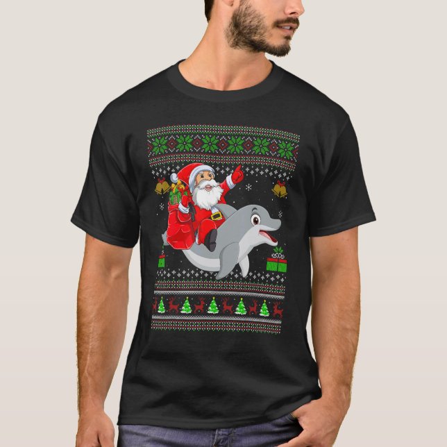 Ugly Xmas Santa Riding Dolphin Fish Christmas T Shirt (Framsida)