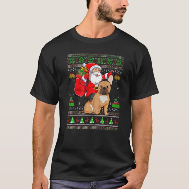 Ugly Xmas Santa Riding French Bulldog Christmas T Shirt (Framsida)