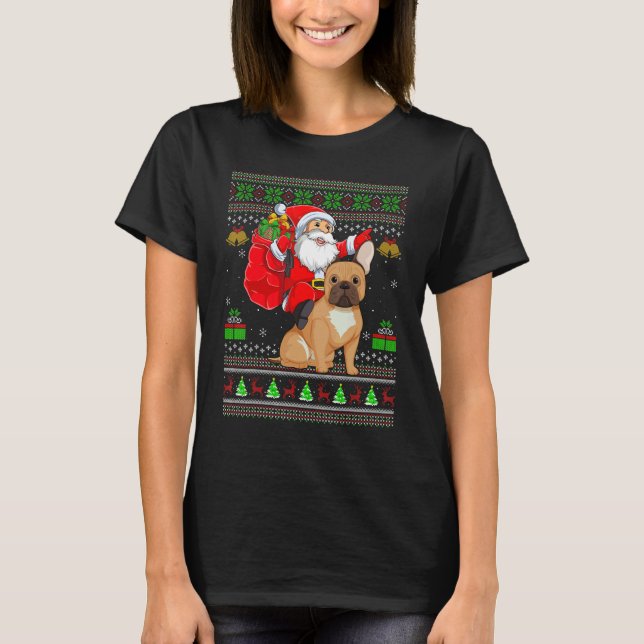 Ugly Xmas Santa Riding French Bulldog Christmas T Shirt (Framsida)