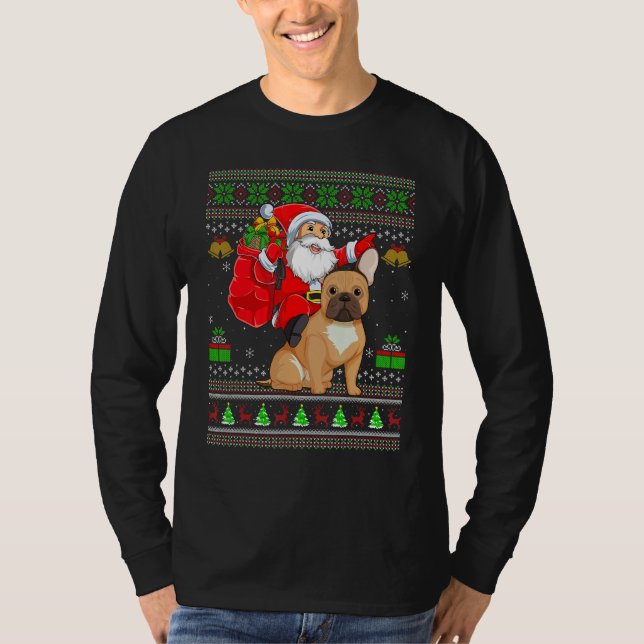 Ugly Xmas Santa Riding French Bulldog Christmas T Shirt (Framsida)