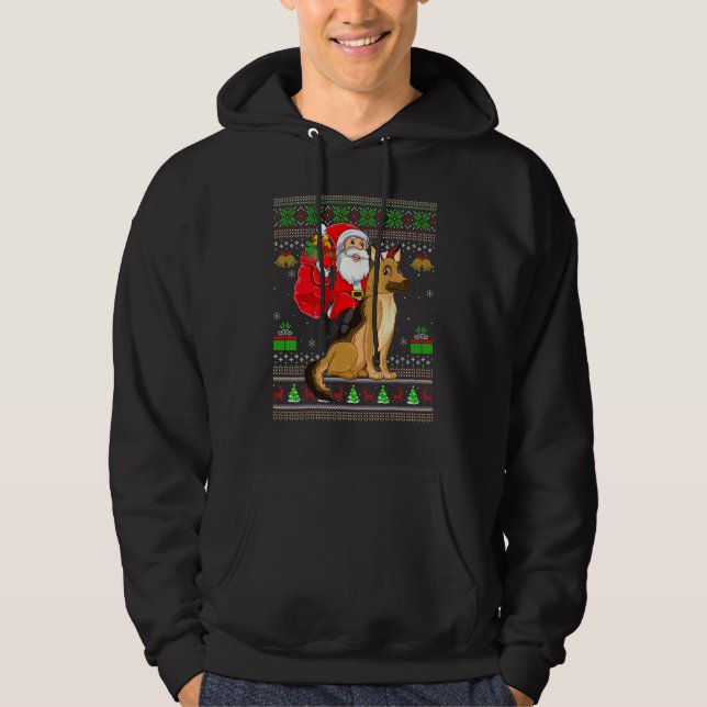 Ugly Xmas Santa Riding German Shepherd Dog Christm Hoodie (Framsida)