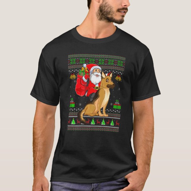 Ugly Xmas Santa Riding German Shepherd Dog Christm T Shirt (Framsida)