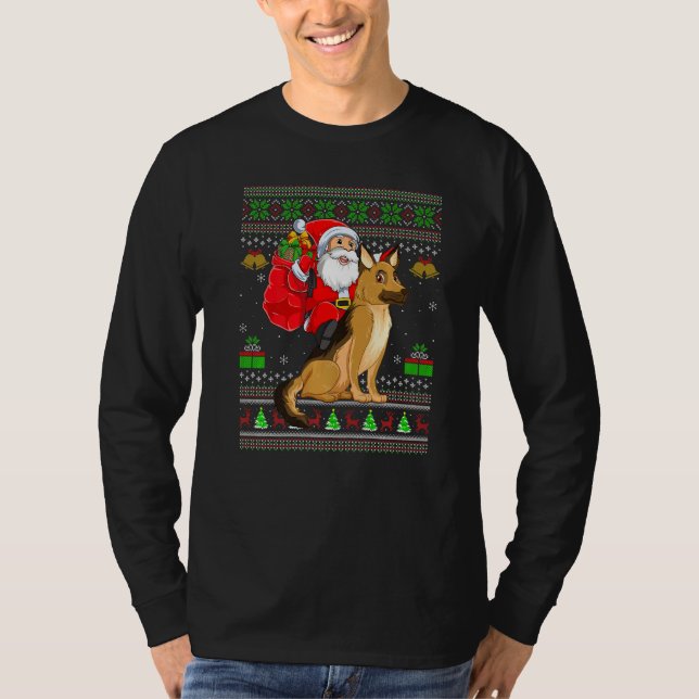 Ugly Xmas Santa Riding German Shepherd Dog Christm T Shirt (Framsida)