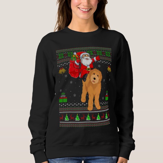 Ugly Xmas Santa Riding Goldendoodle Dog Christmas T Shirt (Framsida)