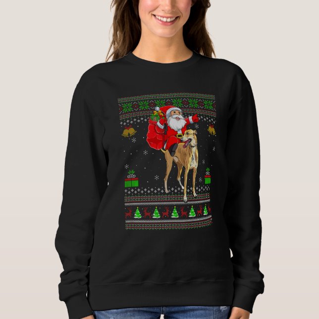 Ugly Xmas Santa Riding Greyhound Dog Christmas T Shirt (Framsida)