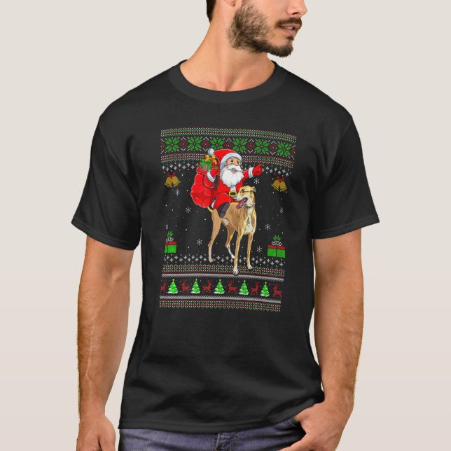 Ugly Xmas Santa Riding Greyhound Dog Christmas T Shirt (Framsida)