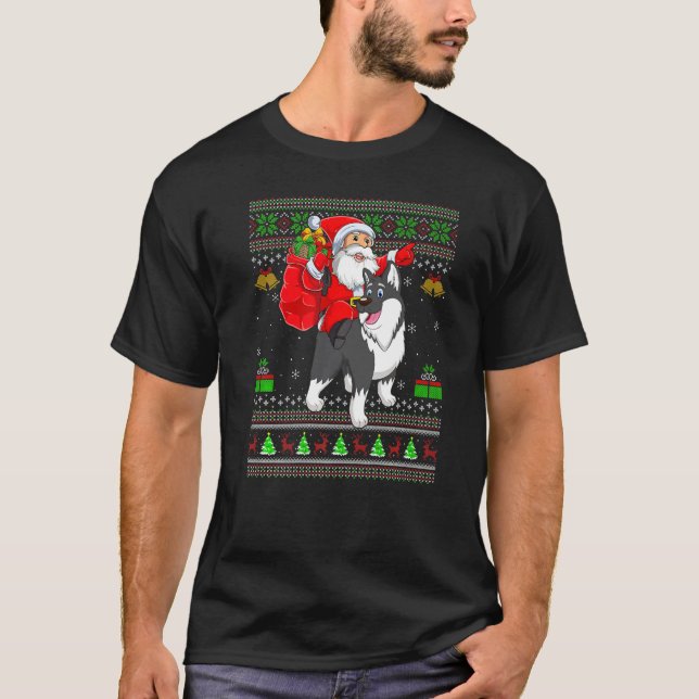 Ugly Xmas Santa Riding Malamute Dog Christmas T Shirt (Framsida)
