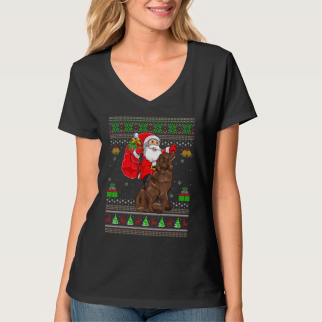 Ugly Xmas Santa Riding Newfoundland Dog Christmas T Shirt (Framsida)
