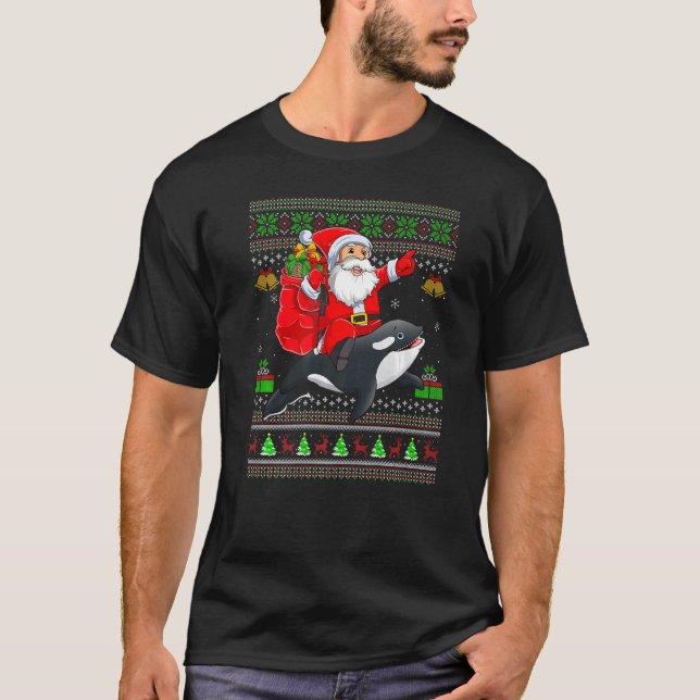 Ugly Xmas Santa Riding Orca Fish Christmas T Shirt (Framsida)