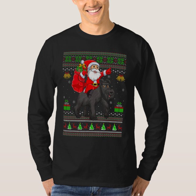 Ugly Xmas Santa Riding Schnauzer Dog Christmas T Shirt (Framsida)