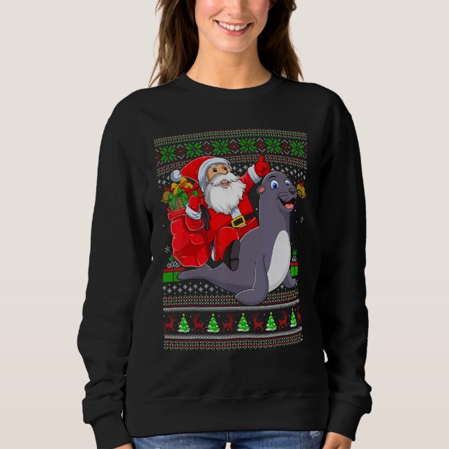 Ugly Xmas Santa Riding Seals Christmas T Shirt (Framsida)