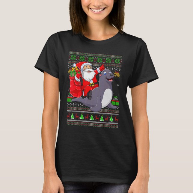 Ugly Xmas Santa Riding Seals Christmas T Shirt (Framsida)