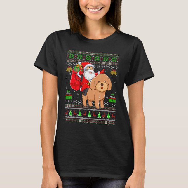 Ugly Xmas Santa Riding Toy Poodle Dog Christmas T Shirt (Framsida)
