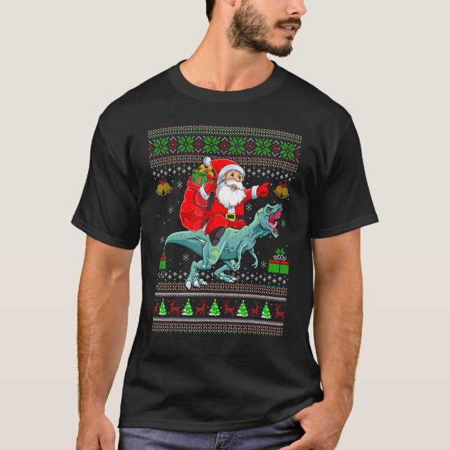 Ugly Xmas Santa Riding Tyrannosaurus Dinosaur Chri T Shirt (Framsida)