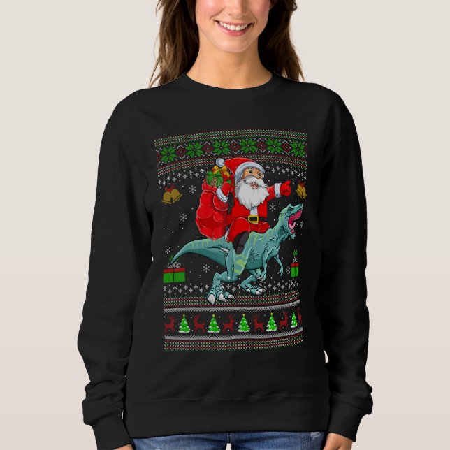 Ugly Xmas Santa Riding Tyrannosaurus Dinosaur Chri T Shirt (Framsida)