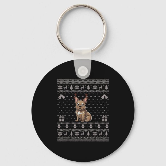 Ugly Xmas Sweater Style Frenchie Dog Reindeer Chri Nyckelring (Framsida)
