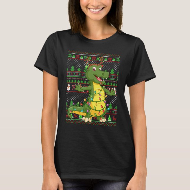 Ugly Xmas Sweater Style Lighting Alligator Christm T Shirt (Framsida)