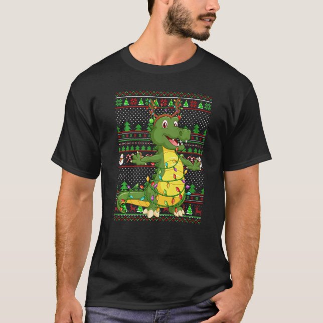 Ugly Xmas Sweater Style Lighting Alligator Christm T Shirt (Framsida)
