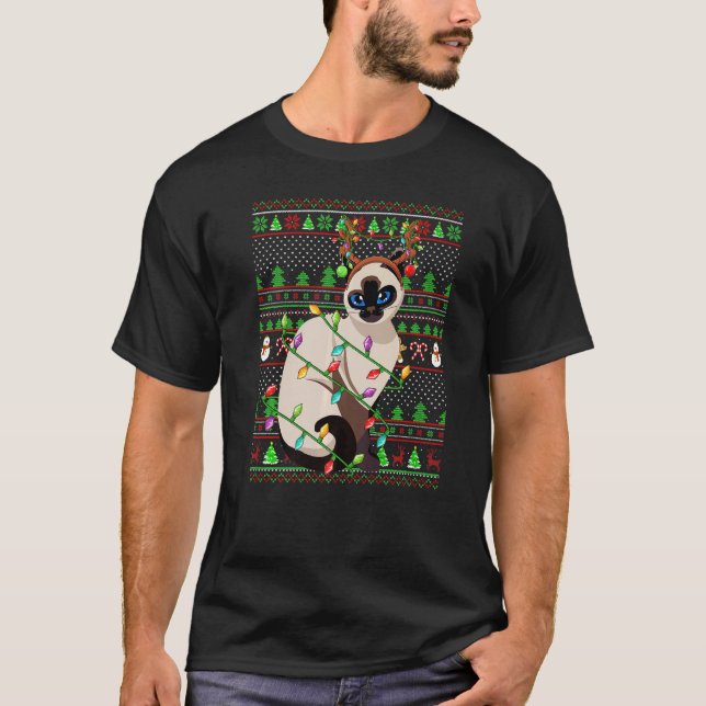 Ugly Xmas Sweater Style Lighting Balinese Cat Chri T Shirt (Framsida)