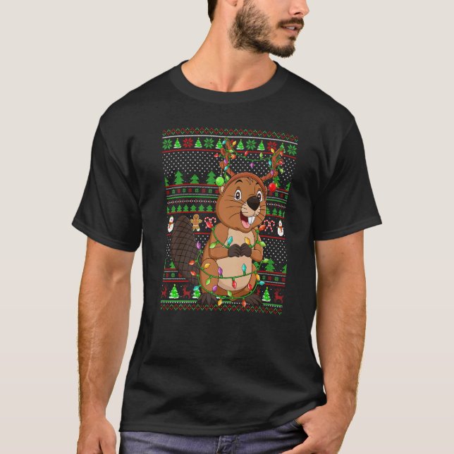 Ugly Xmas Sweater Style Lighting Beaver Christmas  T Shirt (Framsida)