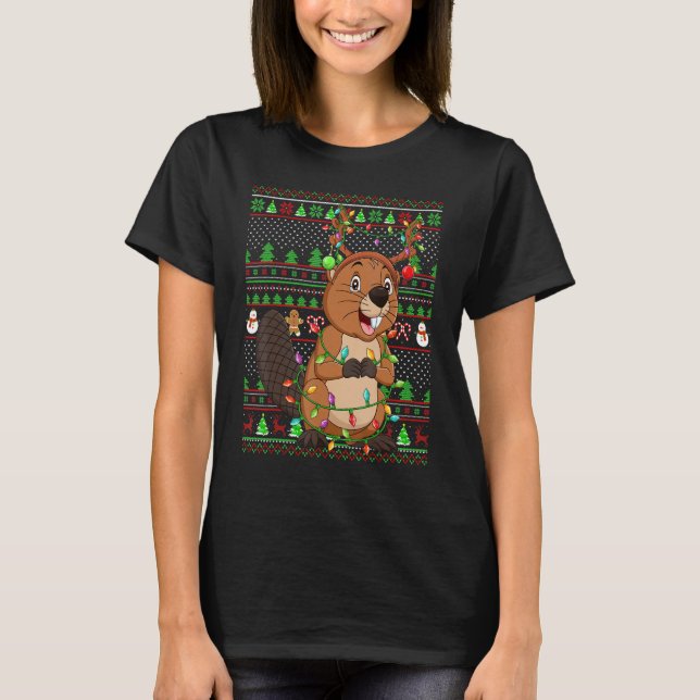 Ugly Xmas Sweater Style Lighting Beaver Christmas T Shirt (Framsida)
