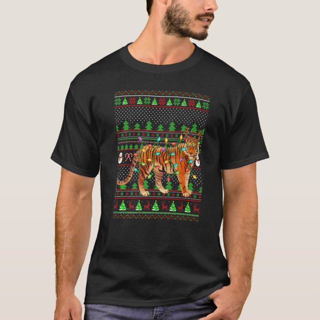 Ugly Xmas Sweater Style Lighting Bengal Tiger Chri T Shirt (Framsida)