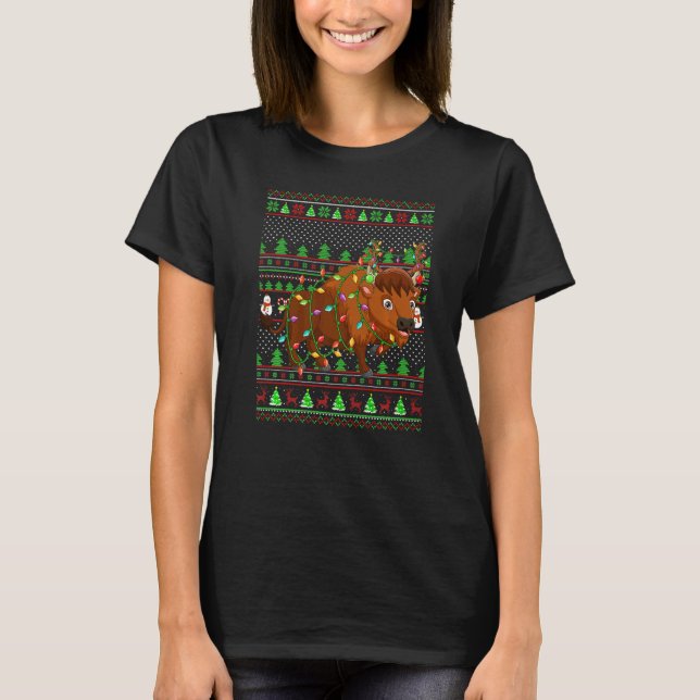 Ugly Xmas Sweater Style Lighting Bison Christmas T Shirt (Framsida)