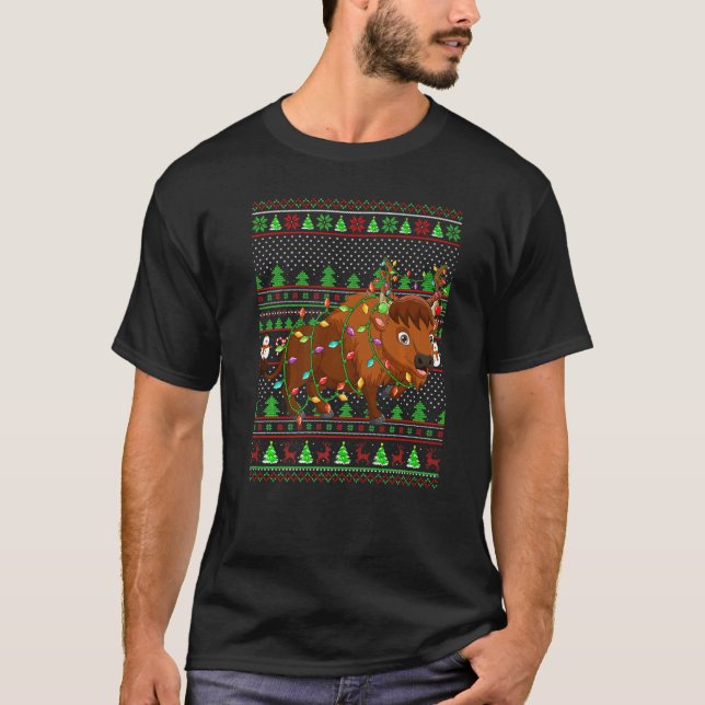 Ugly Xmas Sweater Style Lighting Bison Christmas T Shirt (Framsida)