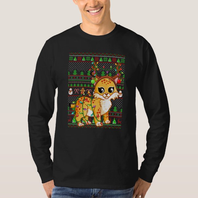 Ugly Xmas Sweater Style Lighting Bobcat Christmas T Shirt (Framsida)