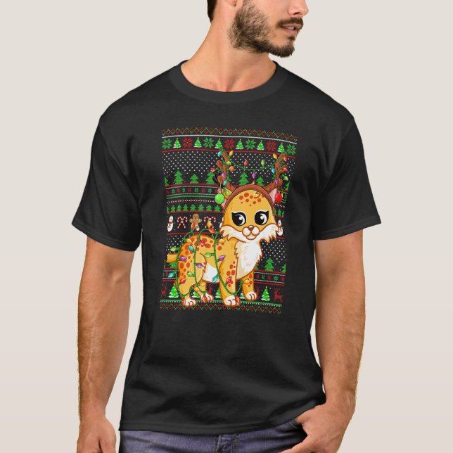 Ugly Xmas Sweater Style Lighting Bobcat Christmas T Shirt (Framsida)