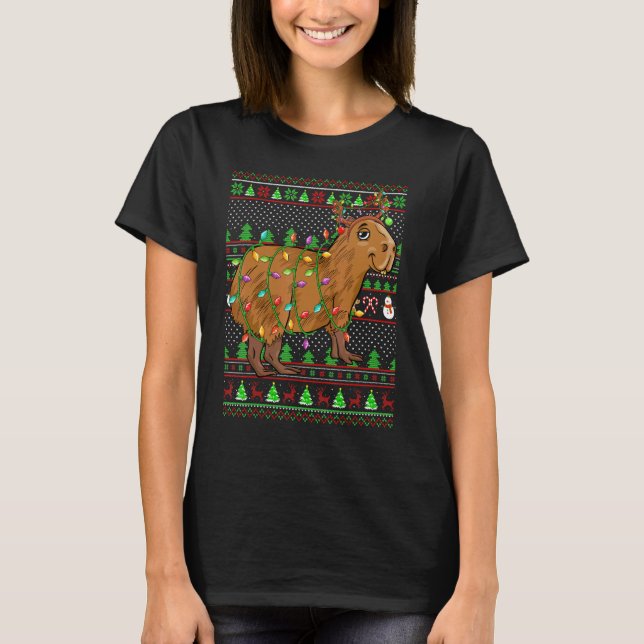 Ugly Xmas Sweater Style Lighting Capybara Christma T Shirt (Framsida)