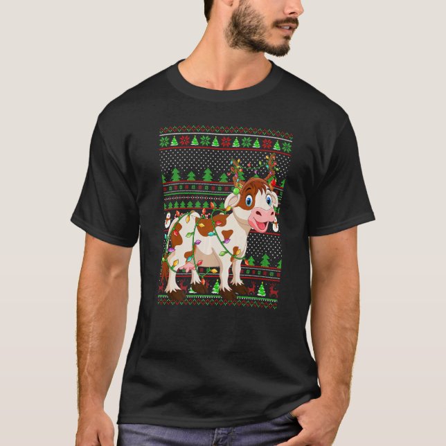 Ugly Xmas Sweater Style Lighting Cattle Christmas  T Shirt (Framsida)