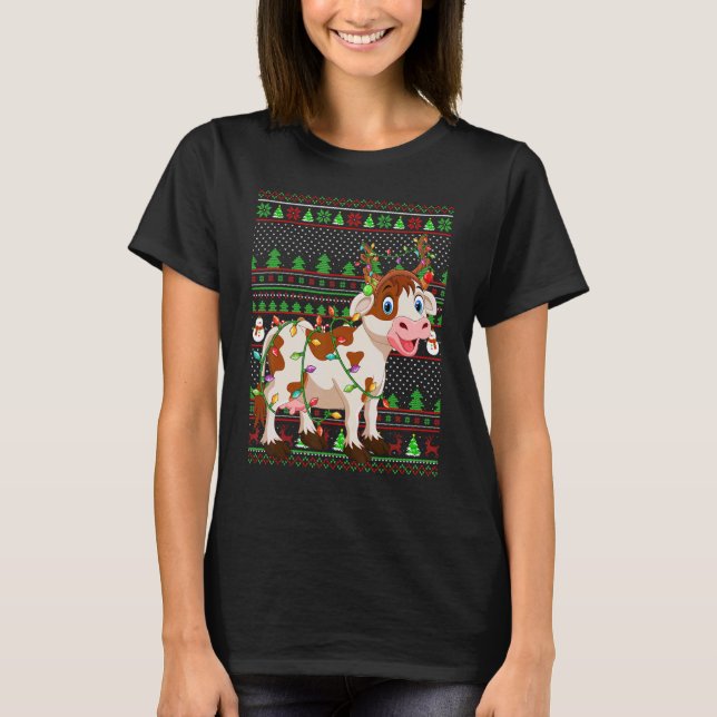 Ugly Xmas Sweater Style Lighting Cattle Christmas T Shirt (Framsida)