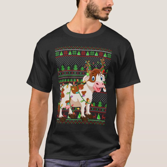 Ugly Xmas Sweater Style Lighting Cattle Christmas T Shirt (Framsida)