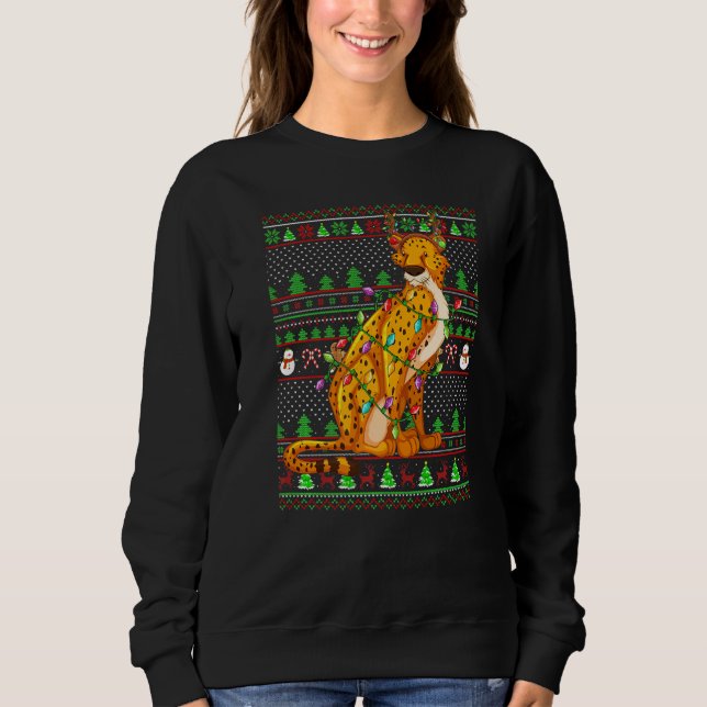 Ugly Xmas Sweater Style Lighting Cheetah Christmas T Shirt (Framsida)