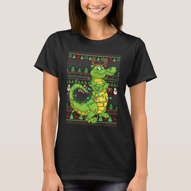 Ugly Xmas Sweater Style Lighting Crocodile Christm T Shirt (Framsida)