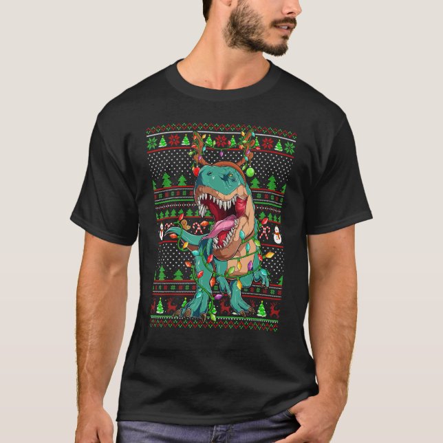 Ugly Xmas Sweater Style Lighting Dinosaur Christma T Shirt (Framsida)