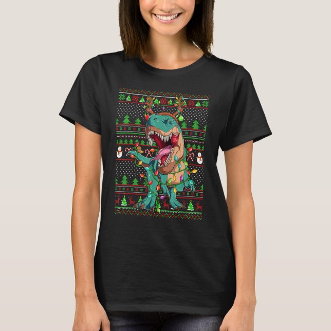 Ugly Xmas Sweater Style Lighting Dinosaur Christma T Shirt (Framsida)