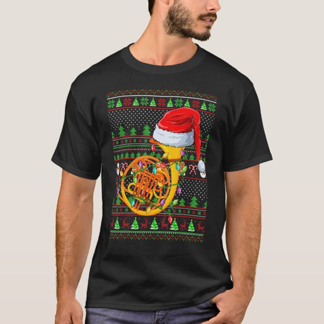 Ugly Xmas Sweater Style Lighting French Horn Chris T Shirt (Framsida)