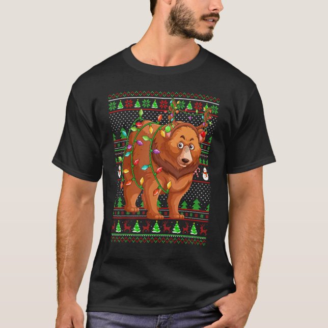 Ugly Xmas Sweater Style Lighting Grizzly Bear Chri T Shirt (Framsida)