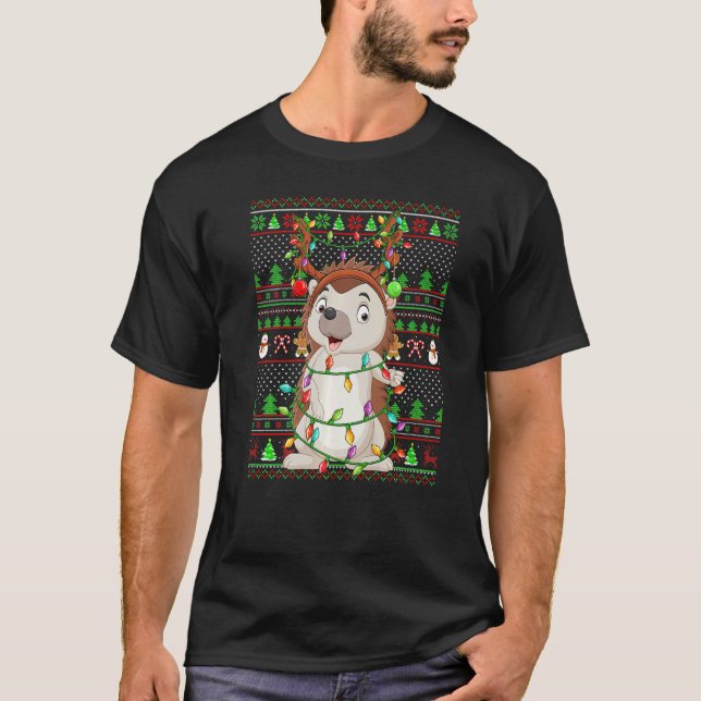 Ugly Xmas Sweater Style Lighting Hedgehog Christma T Shirt (Framsida)