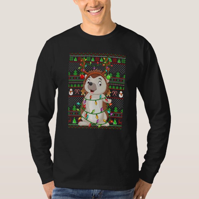 Ugly Xmas Sweater Style Lighting Hedgehog Christma T Shirt (Framsida)